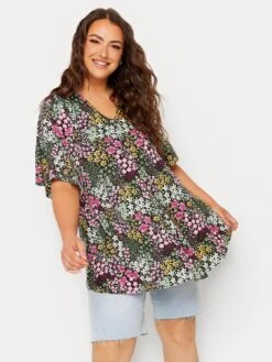 Yours Ditsy Flower Pleat Angel Sleeve Swing Top