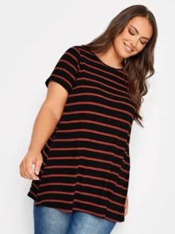 Yours Rib Swing T-Shirt Black/Rust Marl Stripe