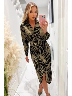 AX Paris Black And Khaki Print Wrap Collared Midi Dress -RIVE IS Clothing Shop VMHKJ SQ3 0000000004 BLACK MDo