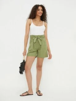 Dorothy Perkins Paperbag Belted Linen Shorts - Sage -RIVE IS Clothing Shop VN7F7 SQ3 0000000047 GREEN MDo