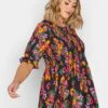 Yours Shirred Puff Sleeve Top Bright Smudge Floral -RIVE IS Clothing Shop VNKQV SQ1 0000000004 BLACK MDf