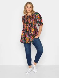 Yours Shirred Puff Sleeve Top Bright Smudge Floral -RIVE IS Clothing Shop VNKQV SQ3 0000000004 BLACK MDo
