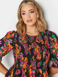 Yours Shirred Puff Sleeve Top Bright Smudge Floral -RIVE IS Clothing Shop VNKQV SQ4 0000000004 BLACK MDd