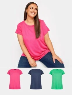 Yours Core Basic Ss T-shirt 3 Pack Denim Marl/hot Pink/green