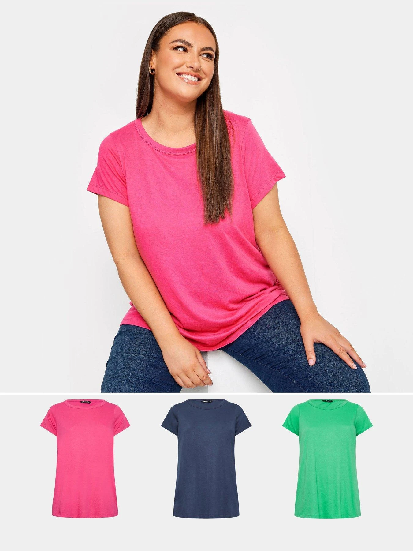 Yours Core Basic Ss T-shirt 3 Pack Denim Marl/hot Pink/green 3 Yours Core Basic Ss T-shirt 3 Pack Denim Marl/hot Pink/green