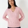 Crew Clothing Chunky Heritage Cable V Neck Jumper - Pink
