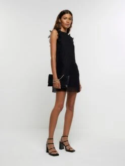 River Island Ruffle Mesh Plisse Mini Dress - Black -RIVE IS Clothing Shop VNTNV SQ3 0000000004 BLACK MDo