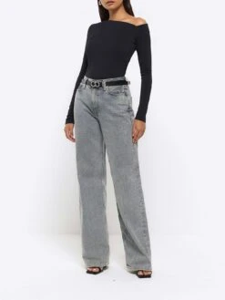 River Island Fitted Off Shoulder Top - Black -RIVE IS Clothing Shop VNTRV SQ3 0000000004 BLACK MDo