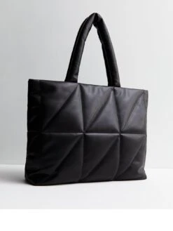 New Look Black Leather-Look Diamond Puffer Tote Bag