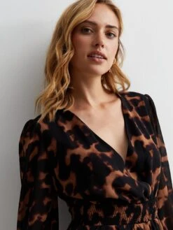 New Look Animal Print Shirred Waist Mini Dress - Brown -RIVE IS Clothing Shop VNWMA SQ4 0000000270 PRINT MDd