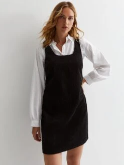 New Look Black Cord Mini Pinafore Dress