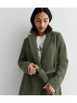 New Look Khaki Longline Belted Coat -RIVE IS Clothing Shop VNWUK SQ4 0000005579 DARK KHAKI MDd