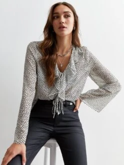 New Look White Spot V Neck Ruffle Trim Long Sleeve Blouse
