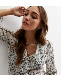 New Look White Spot V Neck Ruffle Trim Long Sleeve Blouse -RIVE IS Clothing Shop VNX0A SQ4 0000000270 PRINT MDd