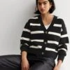 New Look Black Stripe Knit Button Front Cardigan