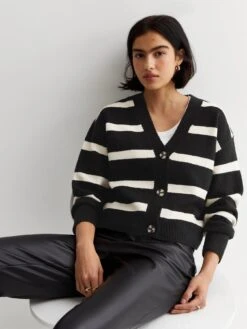 New Look Black Stripe Knit Button Front Cardigan