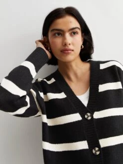 New Look Black Stripe Knit Button Front Cardigan -RIVE IS Clothing Shop VO0M3 SQ4 0000000270 PRINT MDd