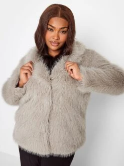 Yours Short Long Pile Faux Fur Jacket - Grey -RIVE IS Clothing Shop VO4TB SQ4 0000000005 GREY MDd