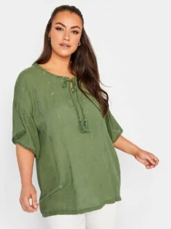 Yours Khaki Woven Front Emb Gypsy Top
