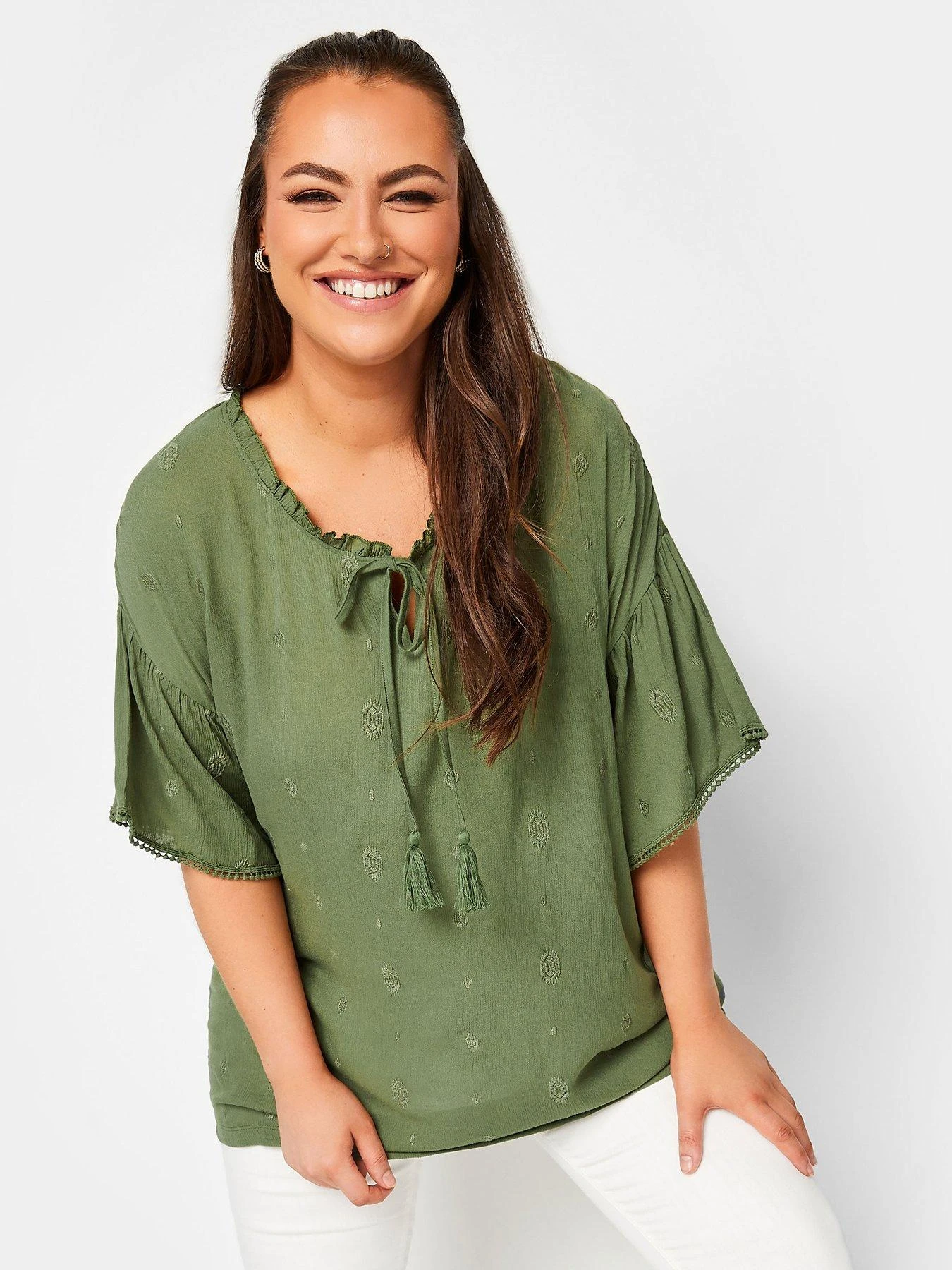 Yours Khaki Woven Front Emb Gypsy Top 6 Yours Khaki Woven Front Emb Gypsy Top - Image 4