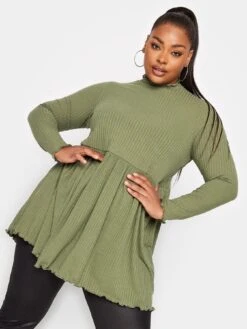 Yours Lettuce Edge Peplum Top Khaki