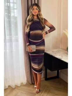 AX Paris Ruched Ombre Mesh Midi Dress - Plum