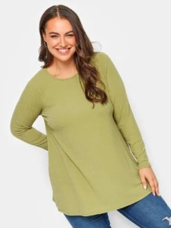 Yours Long Sleeve Rib Swing Top. Chartreuse