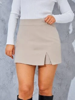In The Style Perrie Sian Split Detail Mini Skort - Taupe