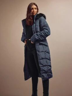 Long Tall Sally Navy Faux Fur Trim Padded Coat