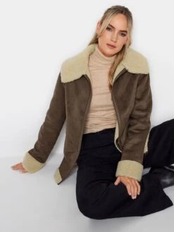 Long Tall Sally Brown Zip Through Borg Jacket -RIVE IS Clothing Shop VOCJQ SQ4 0000000143 BROWN MDd