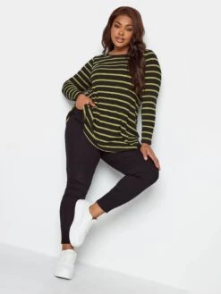Yours Long Sleeve Rib Swing Stripe Top. Black/chartreuse -RIVE IS Clothing Shop VOGWG SQ3 0000000004 BLACK MDo