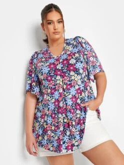 Yours Flower Print Pleat Angel Sleeve Swing T-shirt