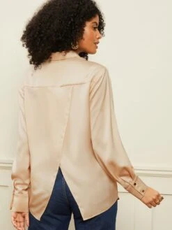 Love & Roses Satin Pock Detail Shirt - Beige -RIVE IS Clothing Shop VONLQ SQ2 0000000108 BEIGE MDb