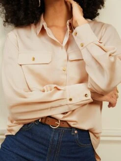 Love & Roses Satin Pock Detail Shirt - Beige -RIVE IS Clothing Shop VONLQ SQ4 0000000108 BEIGE MDd