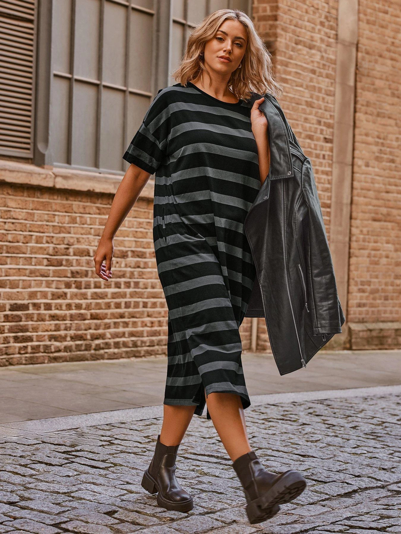 Yours Oversized T-Shirt Jumbo Stripe Midaxi Dress. Grey/Black 3 Yours Oversized T-Shirt Jumbo Stripe Midaxi Dress. Grey/Black