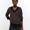 River Island V Neck Stripe Jumper - Black