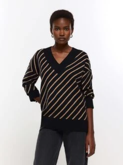 River Island V Neck Stripe Jumper - Black