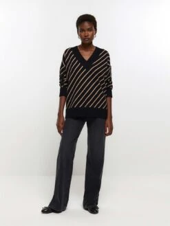 River Island V Neck Stripe Jumper - Black -RIVE IS Clothing Shop VOYJG SQ3 0000000004 BLACK MDo