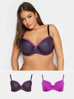 Yours 2 Pack Padded Narrow Stripe T Shirt Bra - Pink