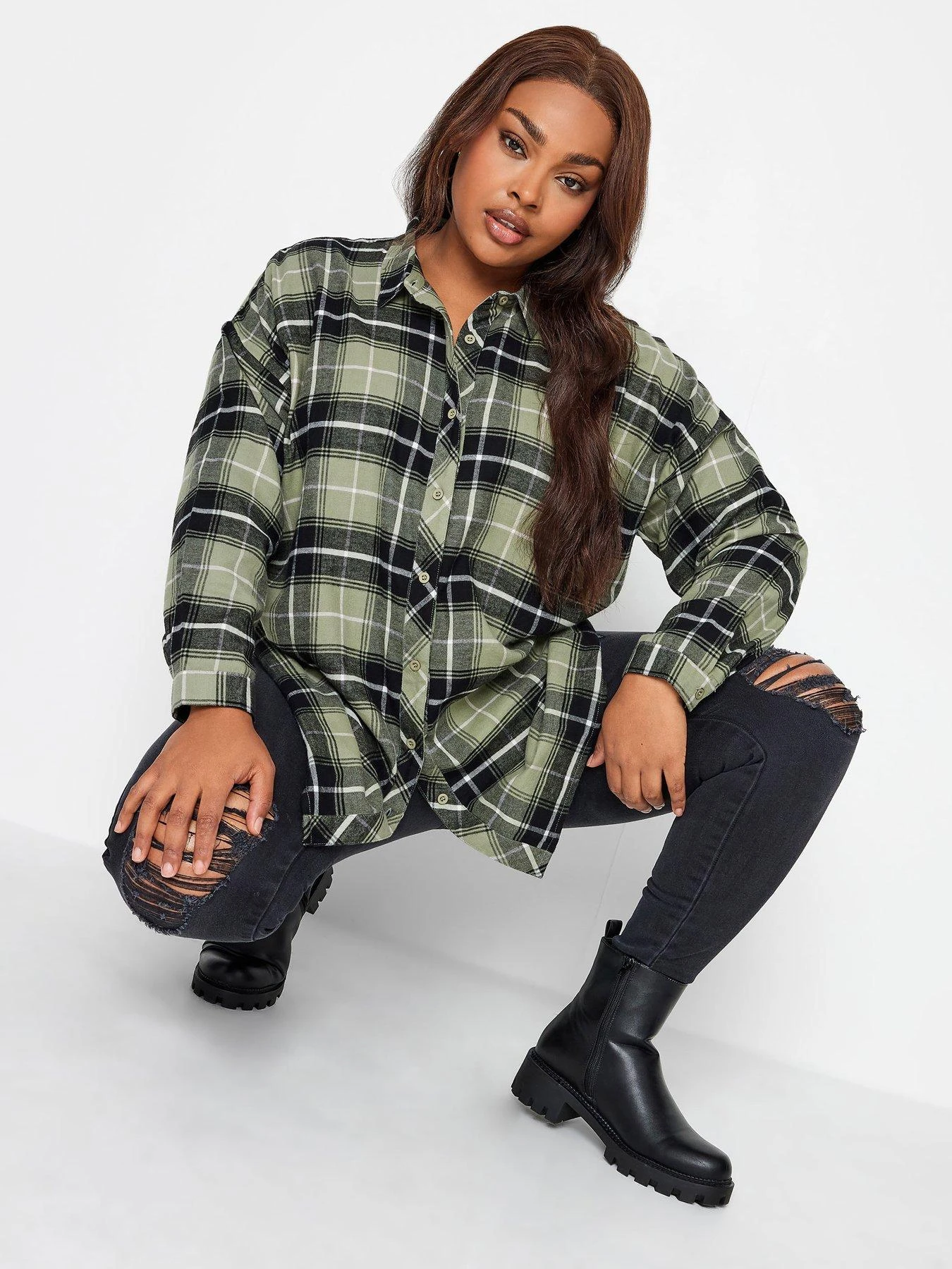 Yours Brushed Oversized Boyfriend Shirt Khaki Check 3 Yours Brushed Oversized Boyfriend Shirt Khaki Check