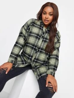 Yours Brushed Oversized Boyfriend Shirt Khaki Check 9 Yours Brushed Oversized Boyfriend Shirt Khaki Check -RIVE IS Clothing Shop VP09B SQ4 0000000047 GREEN MDd