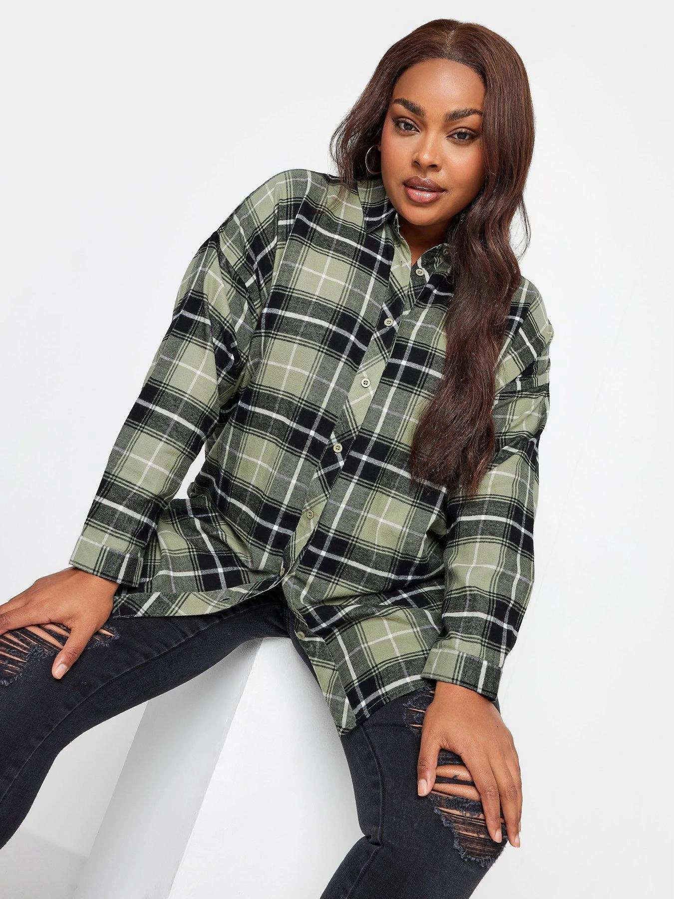 Yours Brushed Oversized Boyfriend Shirt Khaki Check 6 Yours Brushed Oversized Boyfriend Shirt Khaki Check - Image 4