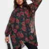 Yours Extreme Dip Back Rose Print Shirt - Black