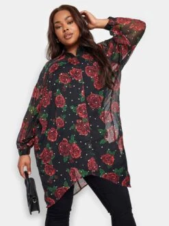 Yours Extreme Dip Back Rose Print Shirt - Black