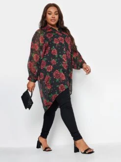 Yours Extreme Dip Back Rose Print Shirt - Black -RIVE IS Clothing Shop VP09C SQ3 0000000004 BLACK MDo