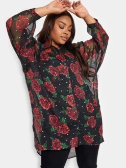Yours Extreme Dip Back Rose Print Shirt - Black -RIVE IS Clothing Shop VP09C SQ4 0000000004 BLACK MDd