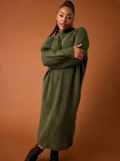 Yours Exposed Seam Turtle Neck Dress Khaki