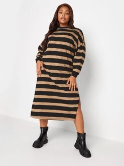 Yours Oversized Long Sleeve T-Shirt Jumbo Stripe Dress With Cuff -Â Natural/Black