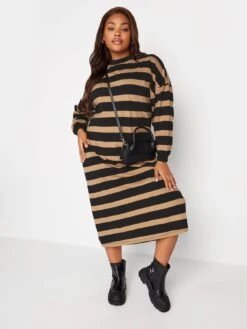 Yours Oversized Long Sleeve T-Shirt Jumbo Stripe Dress With Cuff -  Natural/Black -RIVE IS Clothing Shop VP0AL SQ3 0000000003 NATURAL MDo