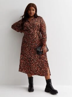 New Look Curves Red Leopard Print Satin Tie Waist Midaxi Shirt Dress